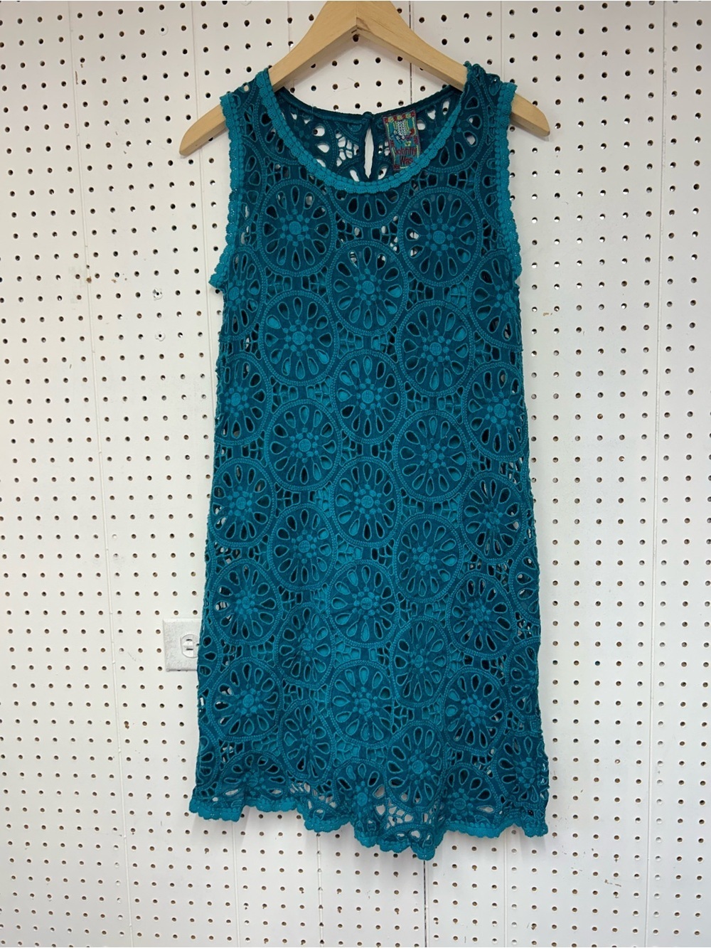 Johnny Was Teal Crochet Sleeveless Mini Dress